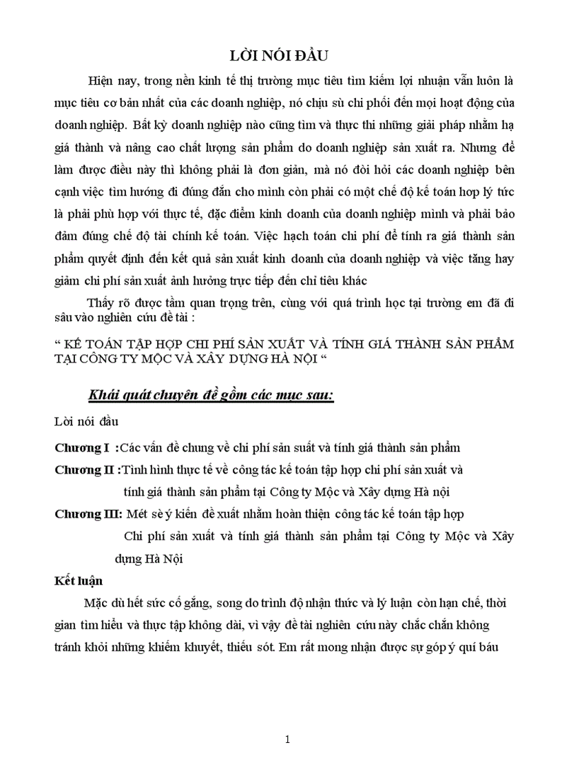 Kế toán tập hợp chi phí sản xuất và tính giá thành sản phẩm tại công ty mộc và xây dựng hà nội 1