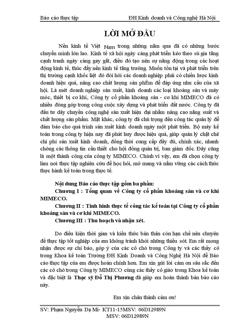Báo cáo thực tập tổng hợp tại Công ty cổ phần khoáng sản và cơ khí MIMECO