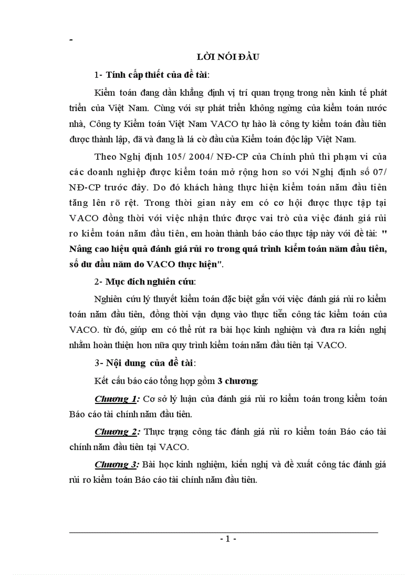 Nâng cao hiệu quả đánh giá rủi ro trong quá trình kiểm toán năm đầu tiên số dư đầu năm do VACO thực hiện 1