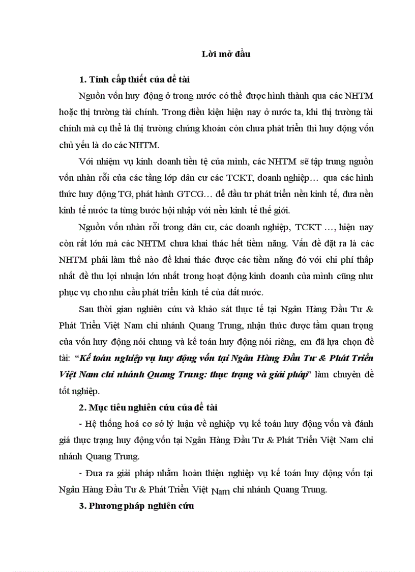 Kế toán nghiệp vụ huy động vốn tại Ngân Hàng Đầu Tư Phát Triển Việt Nam chi nhánh Quang Trung thực trạng và giải pháp 1