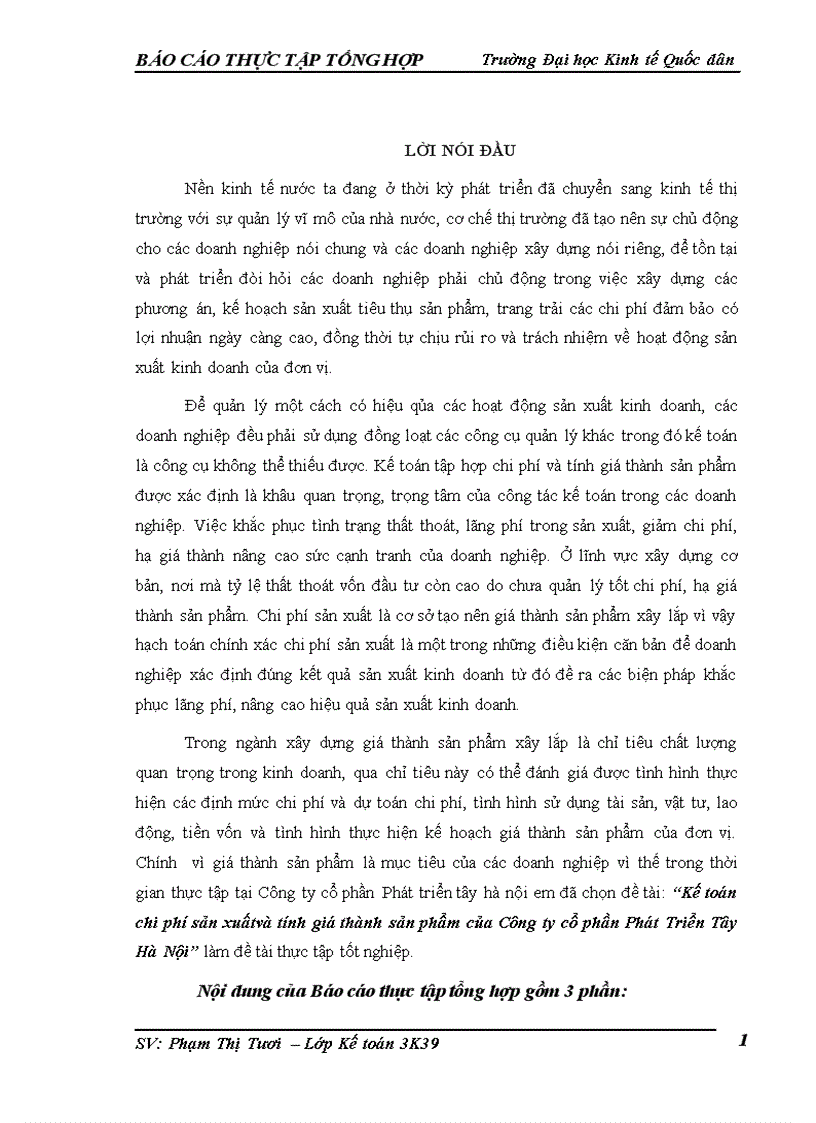 Kế toán chi phí sản xuấtvà tính giá thành sản phẩm của Công ty cổ phần Phát Triển Tây Hà Nội