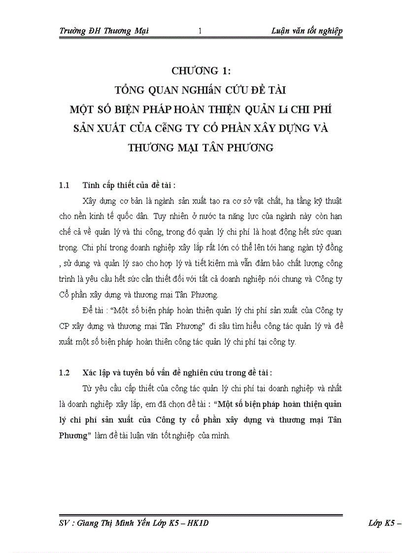 Một số biện pháp hoàn thiện quản lý chi phí sản xuất của Công ty cổ phần xây dựng và thương mại Tân Phương 1