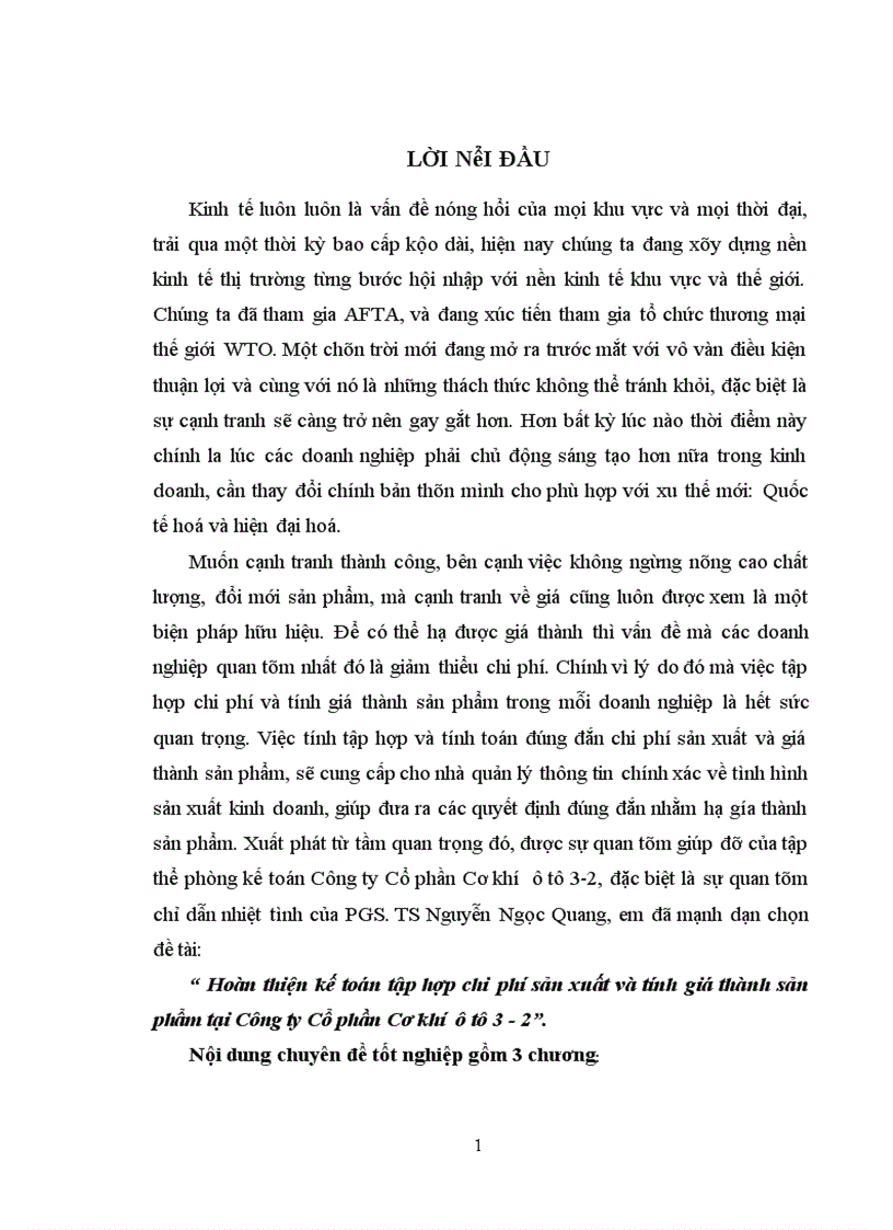 Hoàn thiện kế toán tập hợp chi phí sản xuất và tính giá thành sản phẩm tại Công ty Cổ phần Cơ khí ô tô 3 2 1