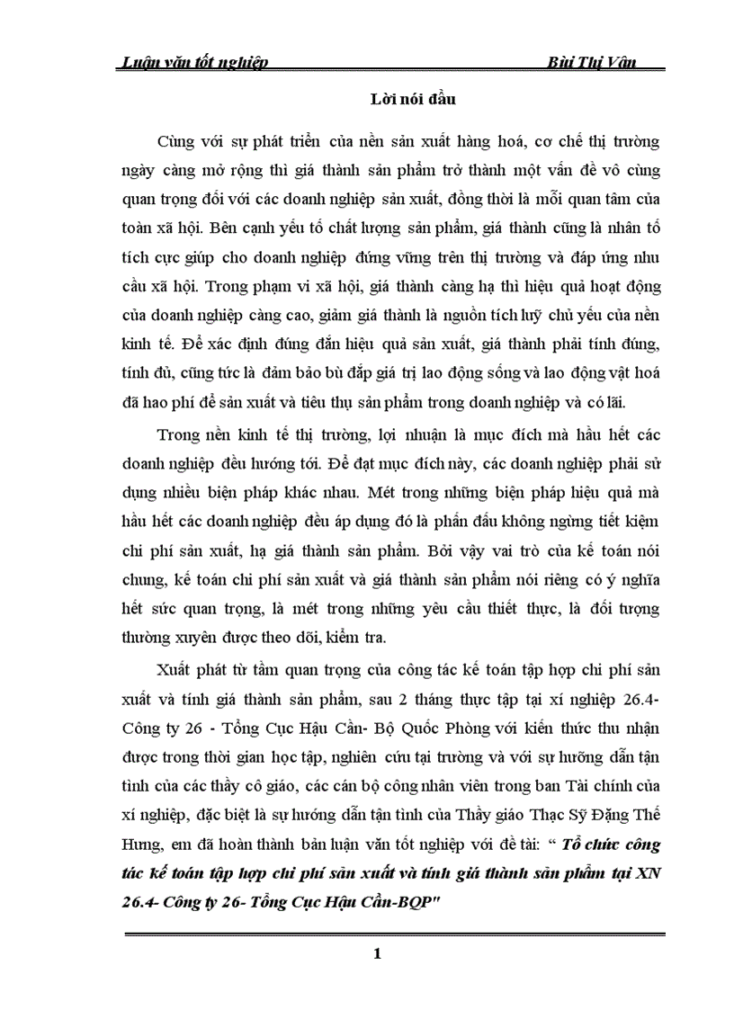 Tổ chức công tác kế toán tập hợp chi phí sản xuất và tính giá thành sản phẩm tại XN 26 4 Công ty 26 Tổng Cục Hậu Cần BQP 1