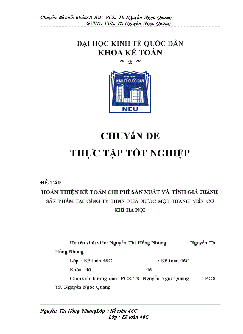 Hoàn thiện kế toán chi phí sản xuất và tính giá thành sản phẩm tại Công ty TNHH Nhà nước một thành viên Cơ khí Hà Nội 1