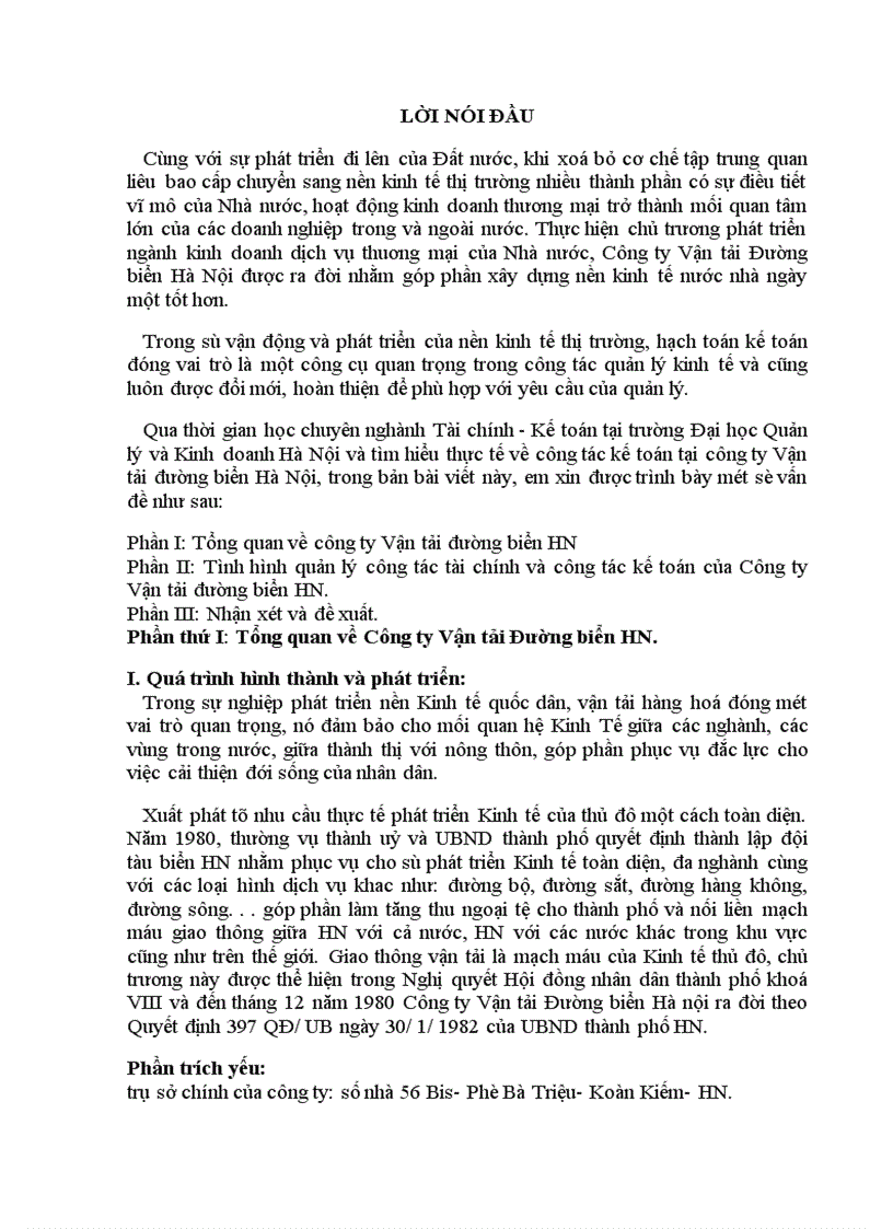 Tình hình quản lý công tác tài chính và công tác kế toán của Công ty Vận tải đường biển HN 1