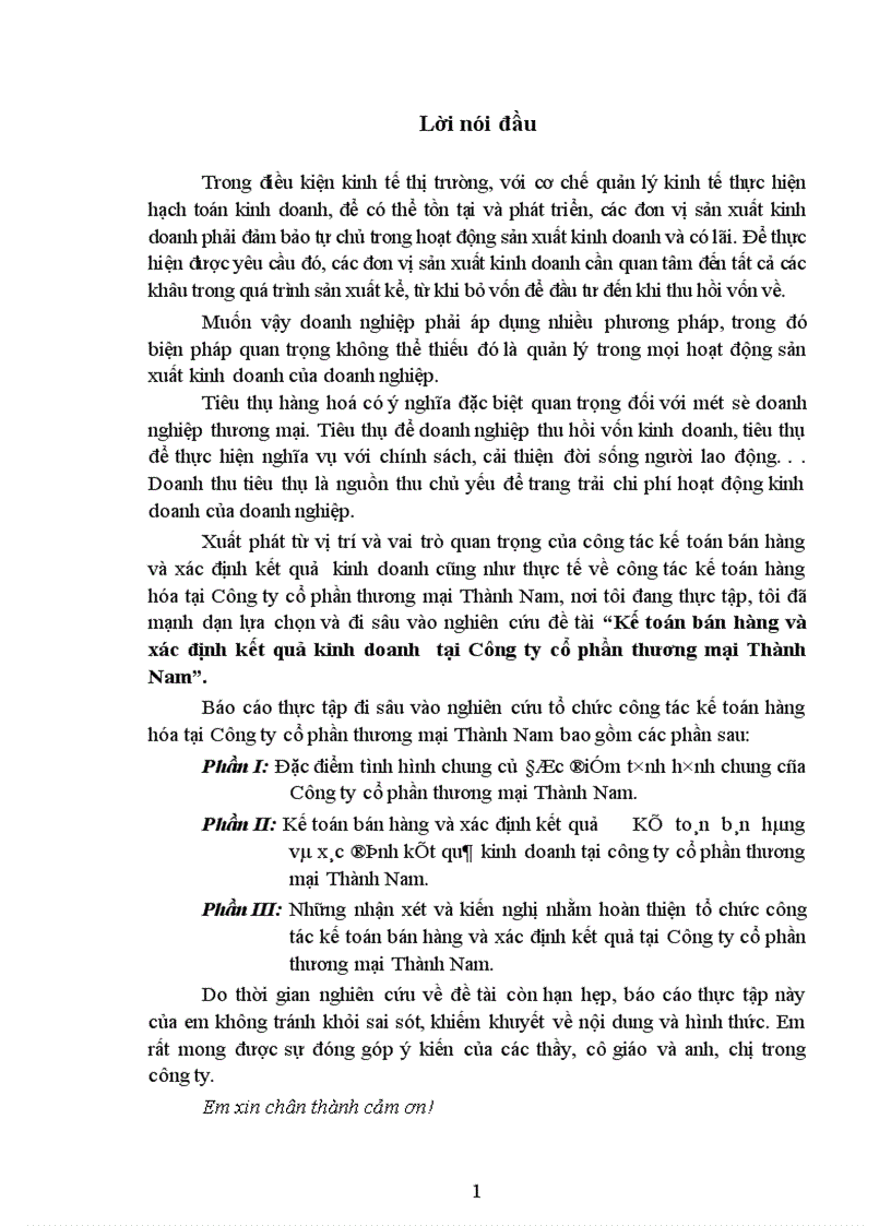 Kế toán bán hàng và xác định kết quả kinh doanh tại Công ty cổ phần thương mại Thành Nam 1