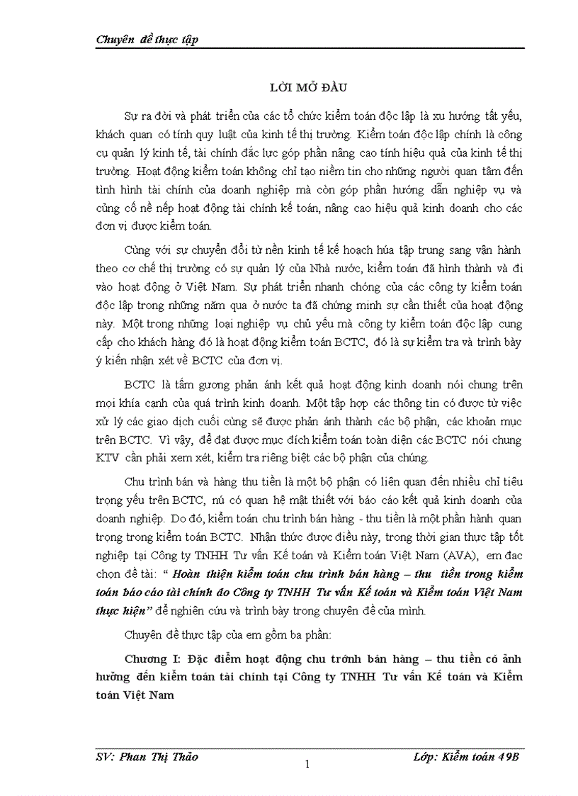 Hoàn thiện kiểm toán chu trình bán hàng thu tiền trong kiểm toán báo cáo tài chính do Công ty TNHH Tư vấn Kế toán và Kiểm toán Việt Nam thực hiện 1