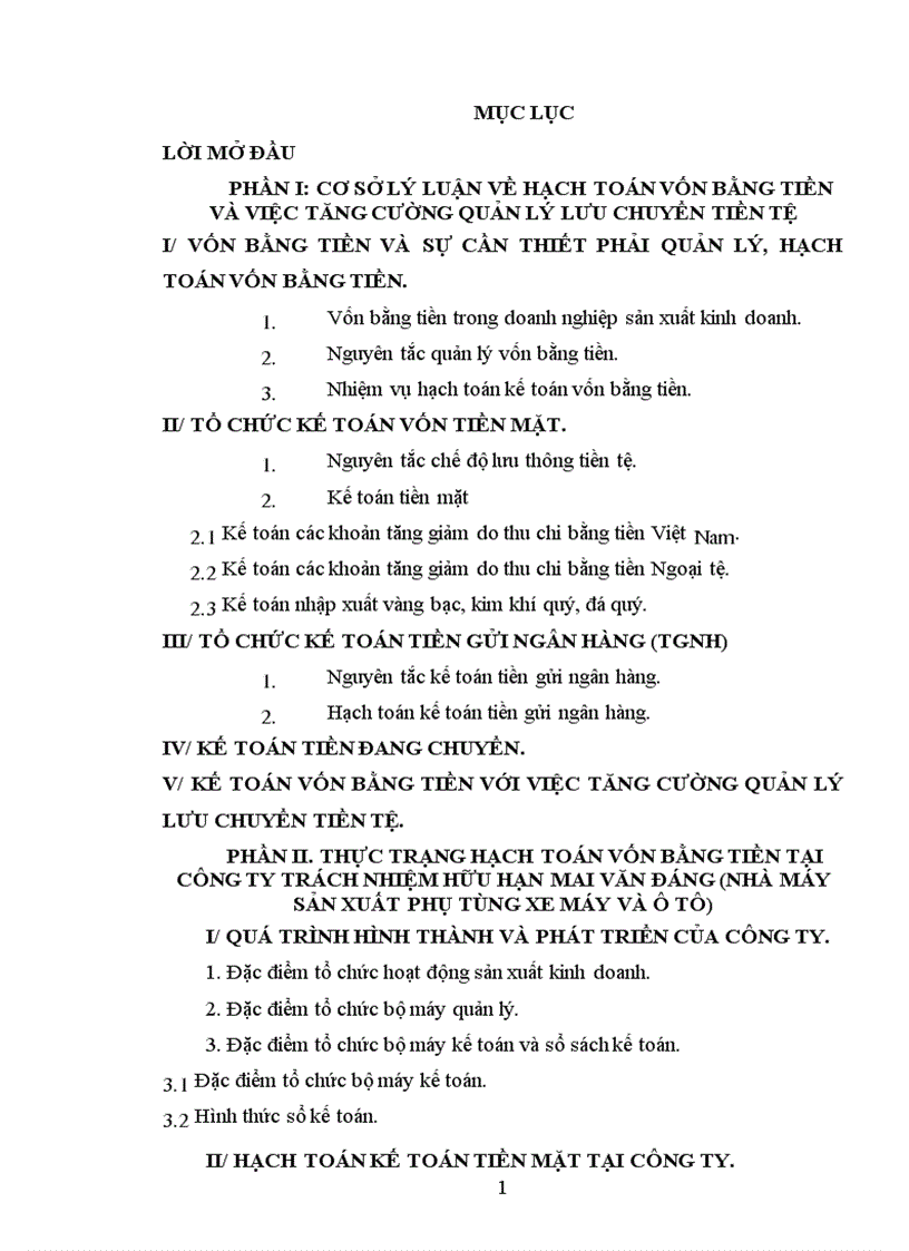 Hạch toán vốn bằng tiền và việc tăng cường quản lý lưu chuyển tiền tệ tại công ty TNHH Mai Văn Đáng Nhà máy sản xuất phụ tùng ô tô xe máy tại khu công nghiệp Hoà Xá thành phố Nam Định 1