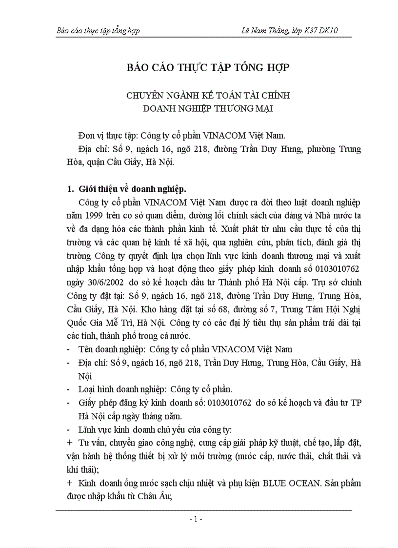 Báo cáo thực tập tổng hợp tại Công ty cổ phần VINACOM Việt Nam