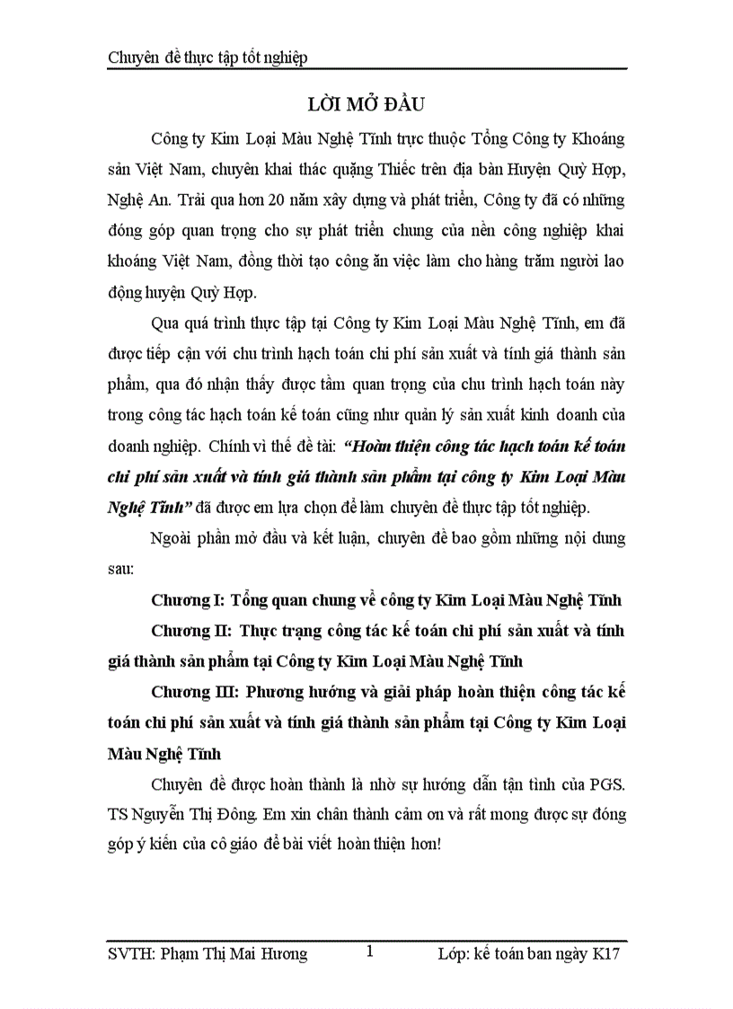 Hoàn thiện công tác hạch toán kế toán chi phí sản xuất và tính giá thành sản phẩm tại công ty Kim Loại Màu Nghệ Tĩnh 1