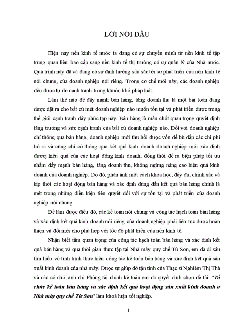 Tổ chức kế toán bán hàng và xác định kết quả hoạt động sản xuất kinh doanh ở Nhà máy quy chế Từ Sơn 1