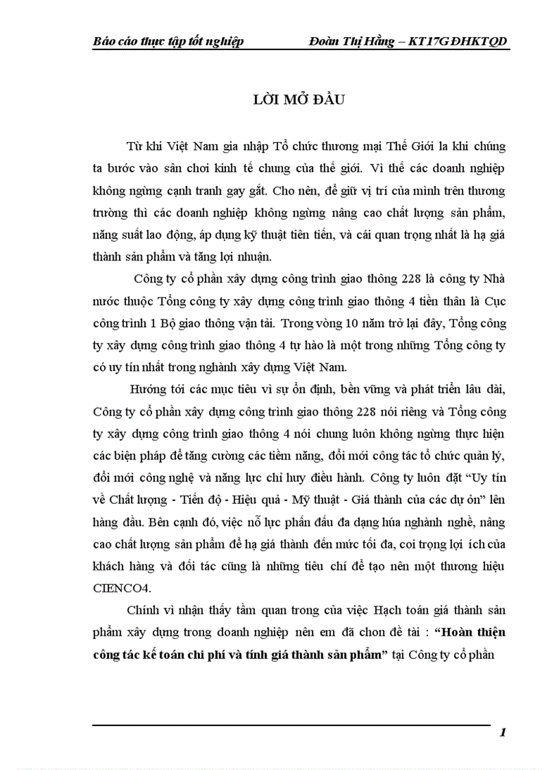 Hoàn thiện công tác hạch toán chi phí sản xuất và tính giá thành sản phẩm tại công ty cổ phần xây dựng công trình giao thông 228 1