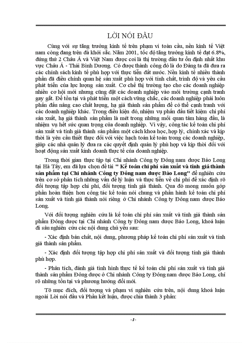 Kế toán chi phí sản xuất và tính giá thành sản phẩm tại Chi nhánh Công ty Đông nam dược Bảo Long 1