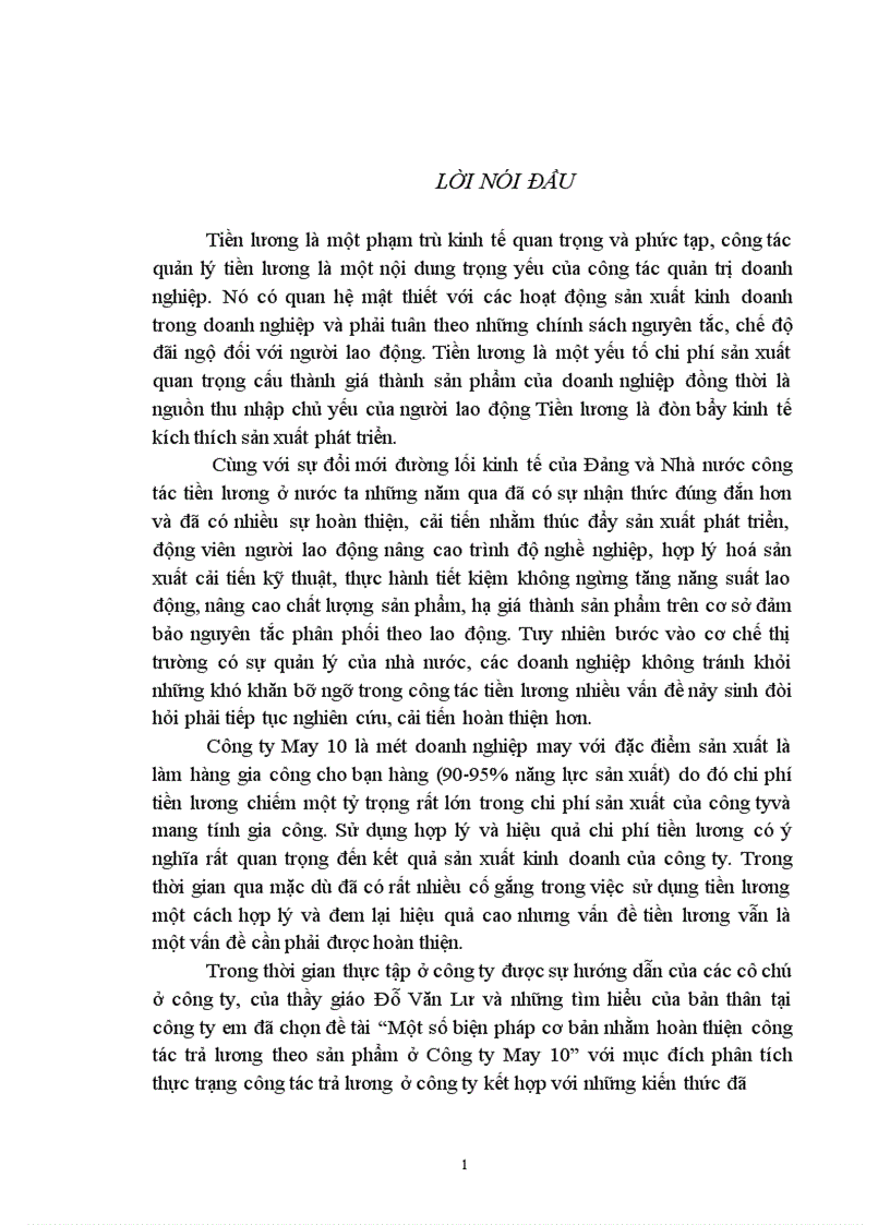 Một số biện pháp cơ bản nhằm hoàn thiện công tác trả lương theo sản phẩm ở Công ty May 10 1