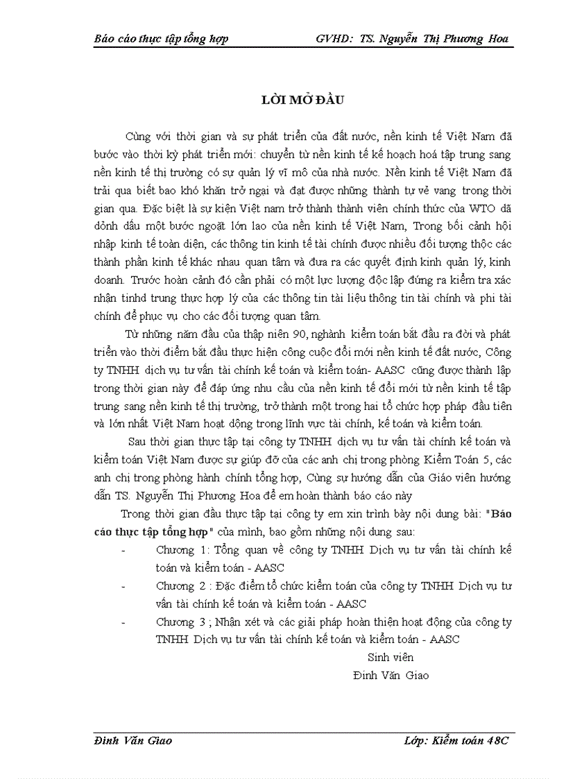 Báo cáo thực tập tổng hợp tại công ty TNHH Dịch vụ tư vấn tài chính kế toán và kiểm toán AASC 1