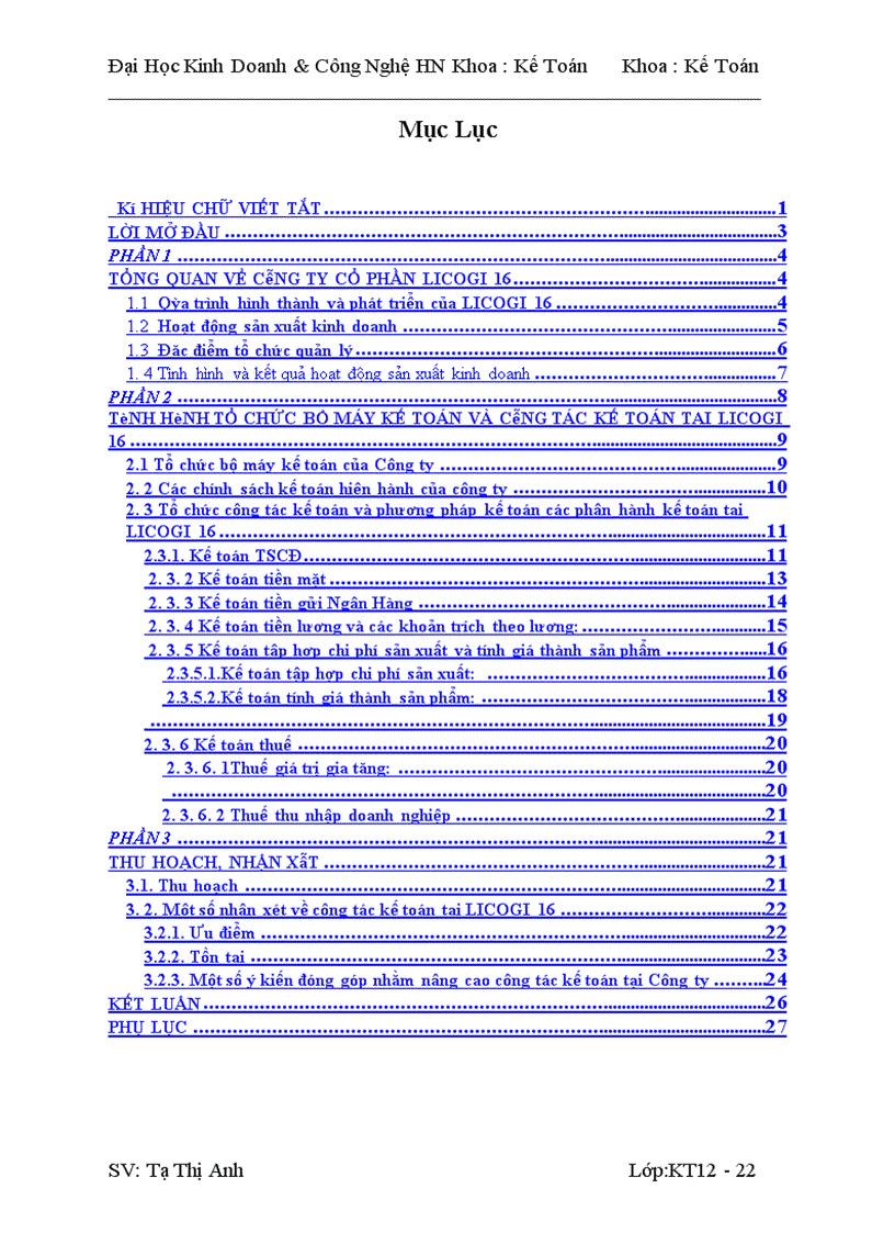 Tình hình tổ chức bộ máy kế toán và công tác kế toán tại licogi 16