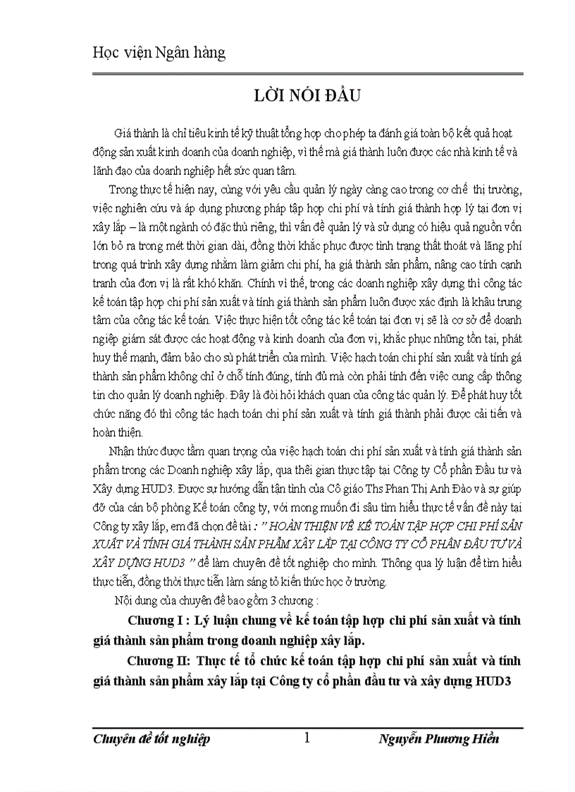 Hoàn thiện về kế toán tập hợp chi phí sản xuất và tính giá thành sản phẩm xây lắp tại Công ty cổ phần đầu tư và xây dựng hud3 1