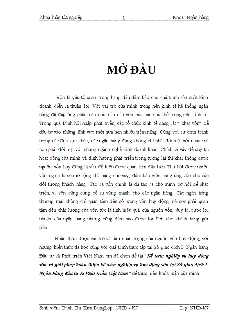 Kế toán nghiệp vụ huy động vốn và giải pháp hoàn thiện kế toán nghiệp vụ huy động vốn tại Sở giao dịch I Ngân hàng đầu tư Phát triển Việt Nam 1