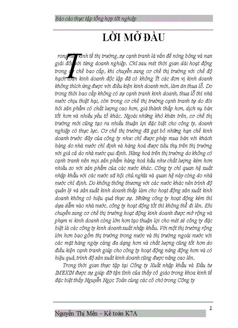 Báo cáo thực tập tổng hợp tại Công ty Xuất nhập khẩu và Đầu tư IMEXIN