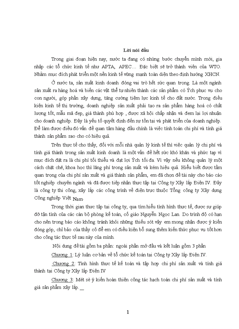 Tình hình thực tế kế toán và tập hợp chi phí sản xuất và tính giá thành tại Công ty Xây lắp Điện IV 1