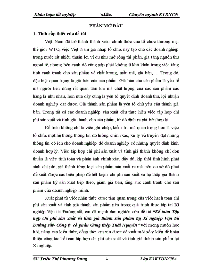 Kế toán tập hợp chi phí sản xuất và tính giá thành sản phẩm tạị Xí nghiệp Vận tải Đường sắt Công ty cổ phần Gang thép thái Nguyên