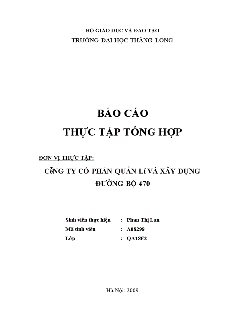 Báo cáo thực tập tại Công ty cổ phần Quản lý và Xây dựng đường bộ