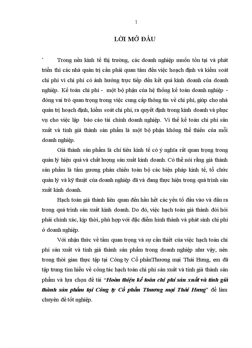 Hoàn thiện kế toán chi phí sản xuất và tính giá thành sản phẩm tại Công ty Cổ phần Thương mại Thái Hưng