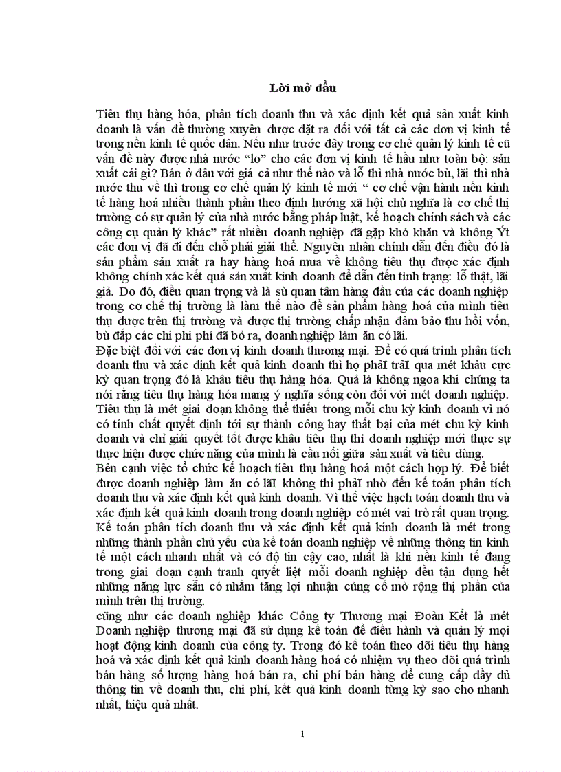 Hoàn thiện kế toán tiêu thụ xác định kết quả kinh doanh tại Công ty Thương mại Đoàn Kết 1