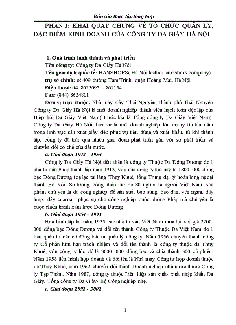 Báo cáo thực tập tổng hợp tại công ty Da Giầy Hà Nội
