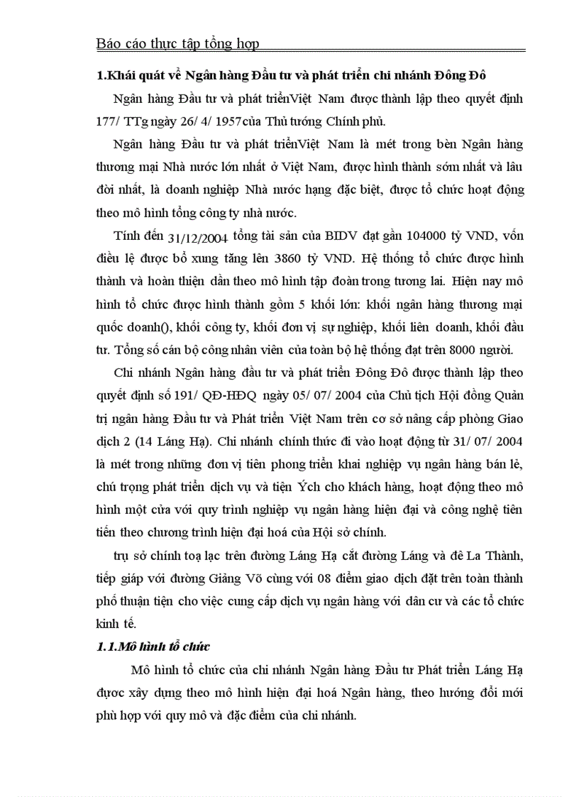 Báo cáo thực tập tổng hợp về Ngân hàng Đầu tư và phát triển chi nhánh Đông Đô