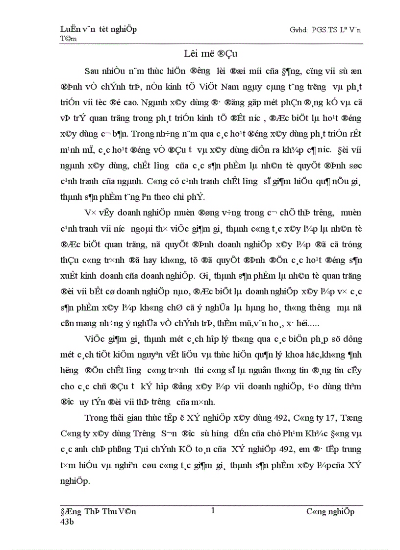 Giảm giá thành sản phẩm xây lắp của Xí nghiệp 492