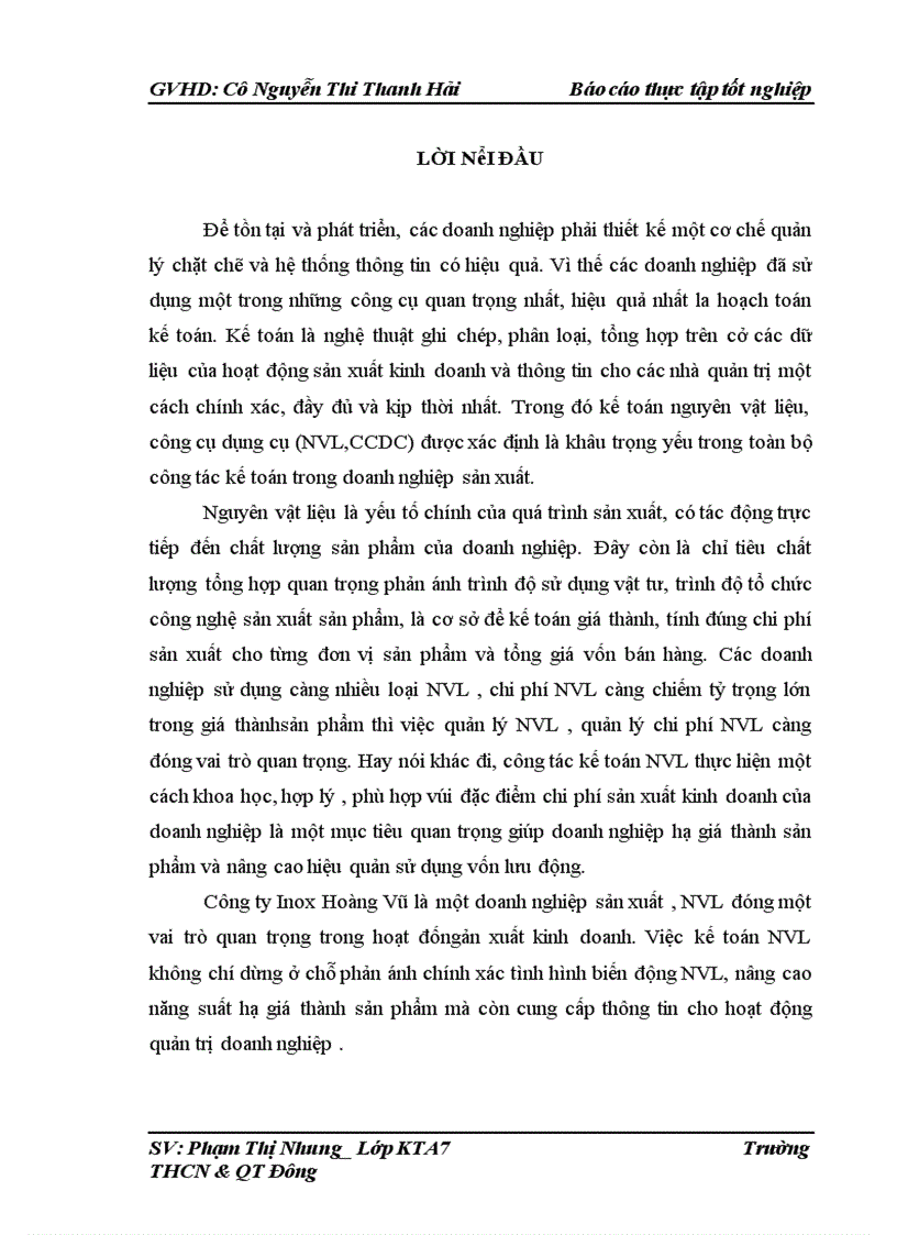 Công tác tổ chức kế toán NVL tại công ty Inox Hoàng Vũ 1