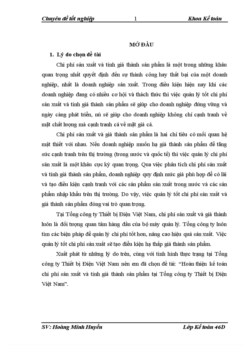 Hoàn thiện kế toán chi phí sản xuất và tính giá thành sản phẩm tại Tổng công ty Thiết bị Điện Việt Nam 1
