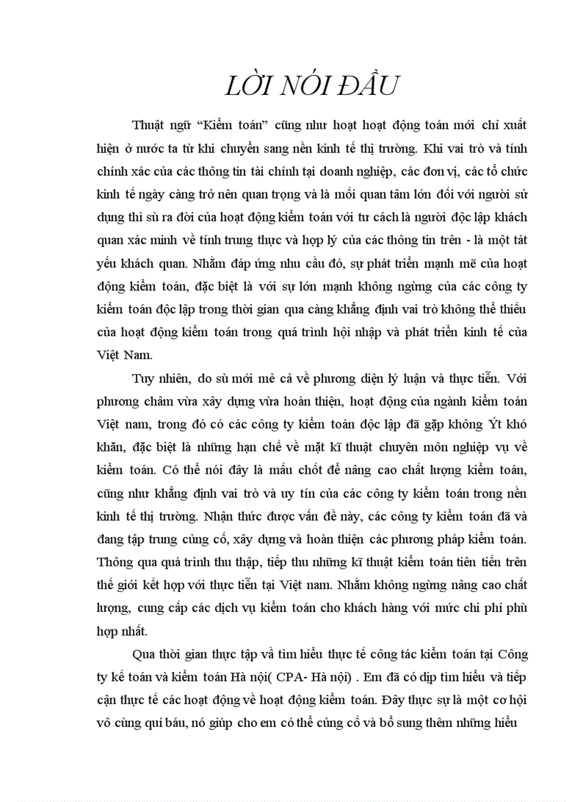 Thực trạng về thực hiện các thủ tục phân tích trong quá trình kiểm toán báo cáo tài chính các doanh nghiệp của Công ty CPA Hà Nội