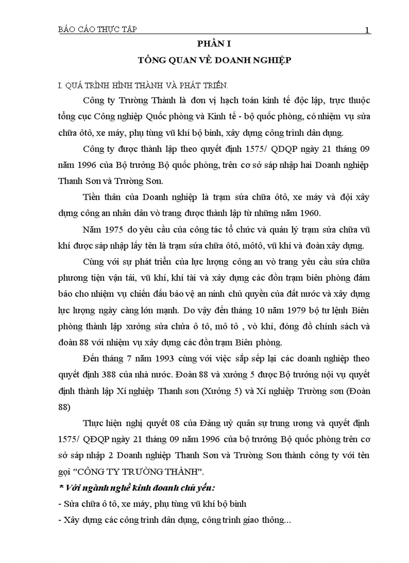 Báo cáo thực tập tại Công ty Trường Thành 1