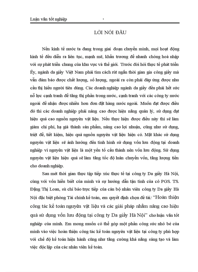 Hoàn thiện công tác kế toán nguyên vật liệu và các giải pháp nhằm nâng cao hiệu quả sử dụng vốn lưu động tại công ty Da giầy Hà Nội