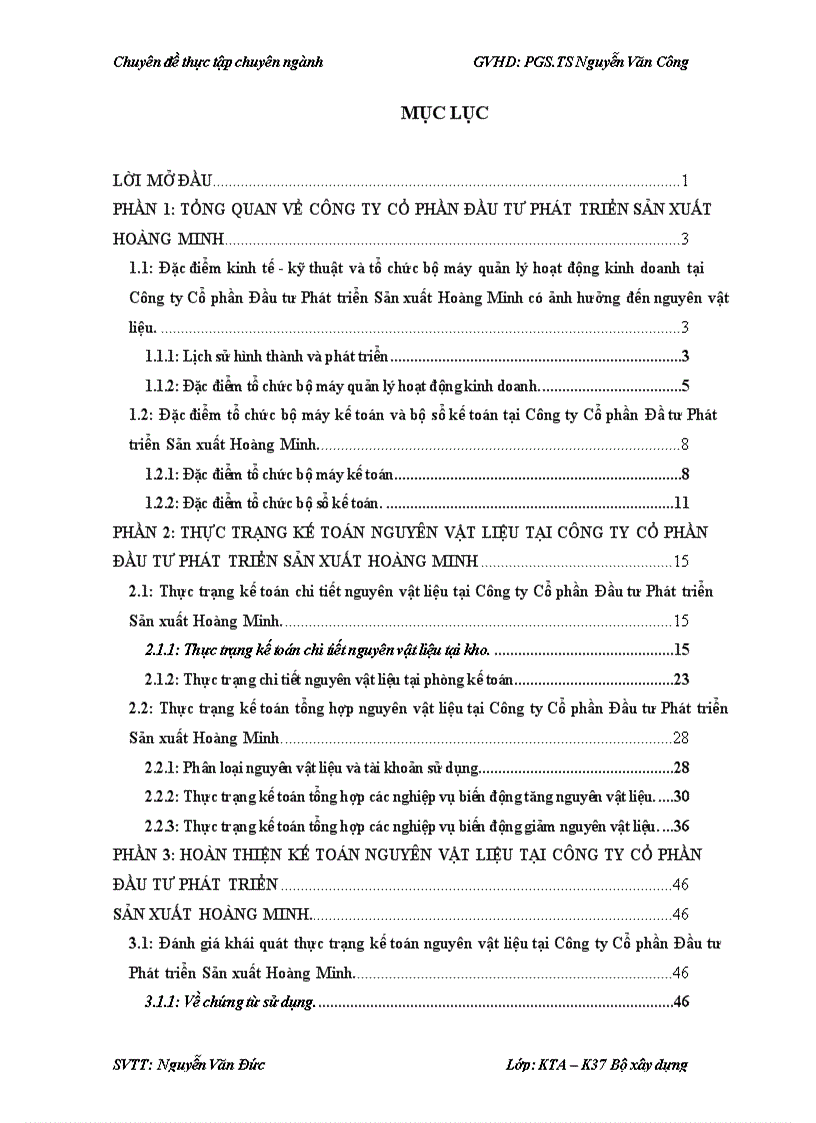 Hoàn thiện kế toán nguyên vật liệu tại Công ty Cổ phần Đầu tư Phát triển Sản xuất Hoàng Minh