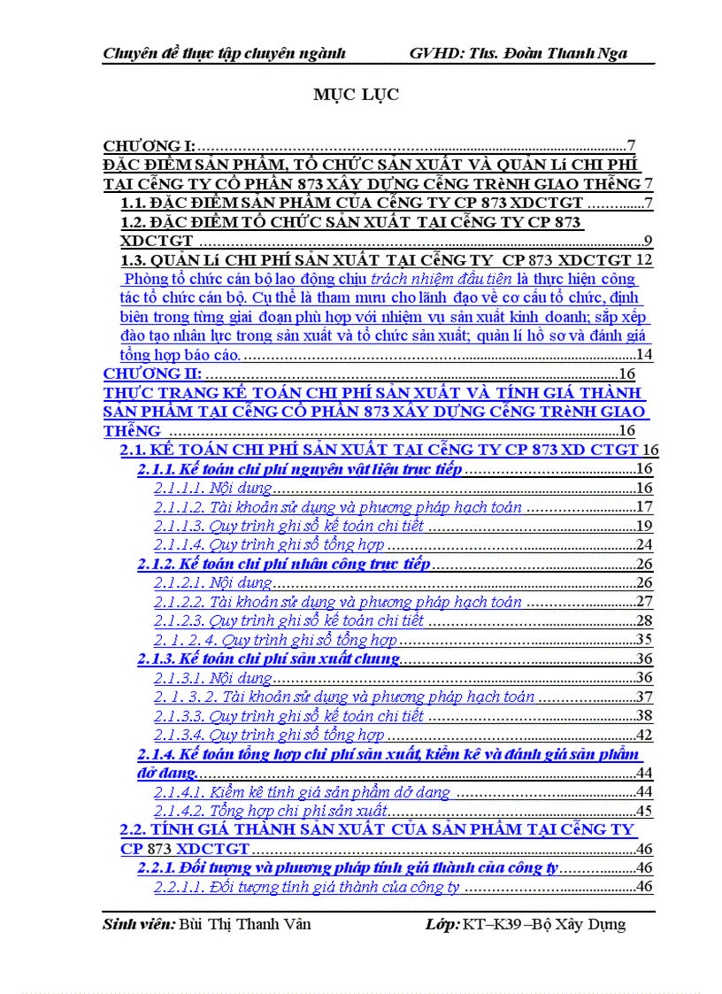 Hoàn thiện kế toán chi phí sản xuất và tính giá thành sản phẩm tại công ty Cổ phần 873 Xây dựng công trình giao thông 1