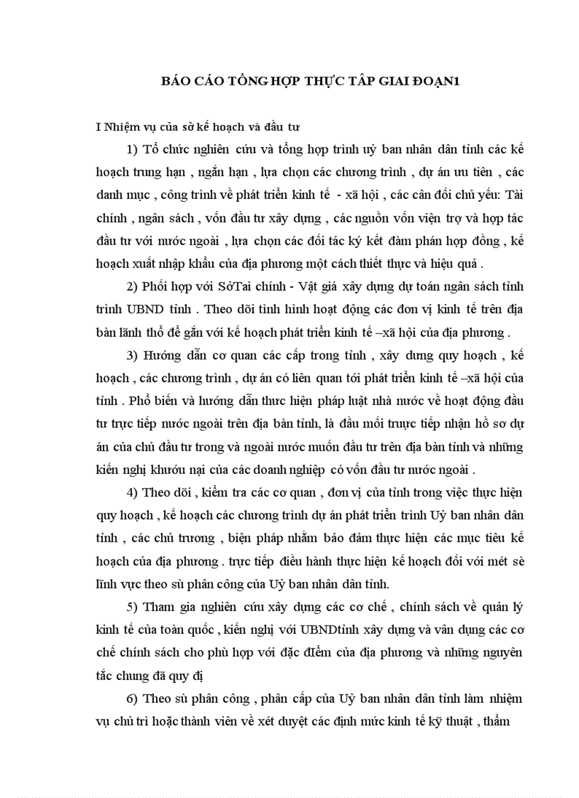 Báo cáo tổng hợp thực tâp của Sở kế hoạch và đầu tư