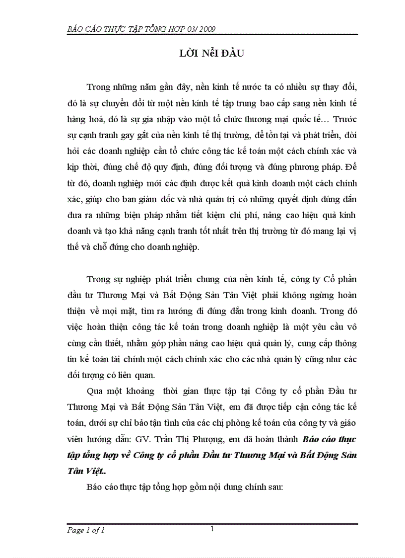 Báo cáo thực tập tổng hợp về Công ty cổ phần Đầu tư Thương Mại và Bất Động Sản Tân Việt 1