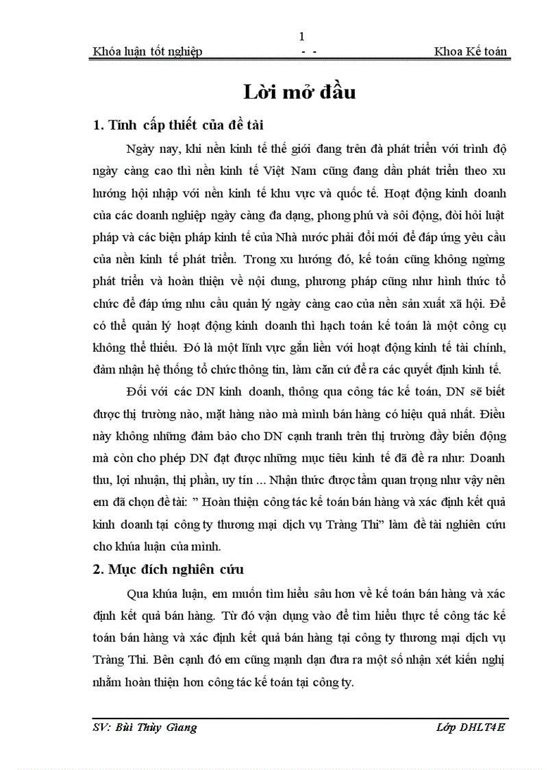 Hoàn thiện công tác kế toán bán hàng và xác định kết quả kinh doanh tại công ty thương mại dịch vụ Tràng Thi 1