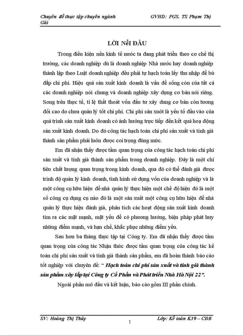 Hạch toán chi phí sản xuất và tính giá thành sản phẩm xây dựng tại Công ty CP Đầu tư và Phát triển nhà Hà Nội 22 1