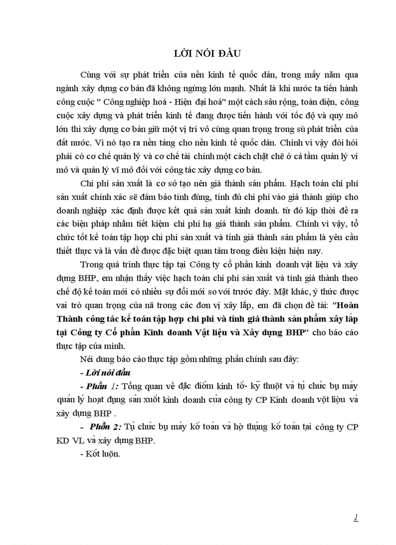 Hoàn Thành công tác kế toán tập hợp chi phí và tính giá thành sản phẩm xây lắp tại Công ty Cổ phần Kinh doanh Vật liệu và Xây dựng BHP 1