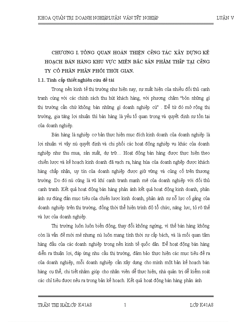 Hoàn thiện công tác xây dựng kế hoạch bán hàng khu vực miền Bắc sản phẩm thép tại Công ty Cổ phần phân phối Thời Gian