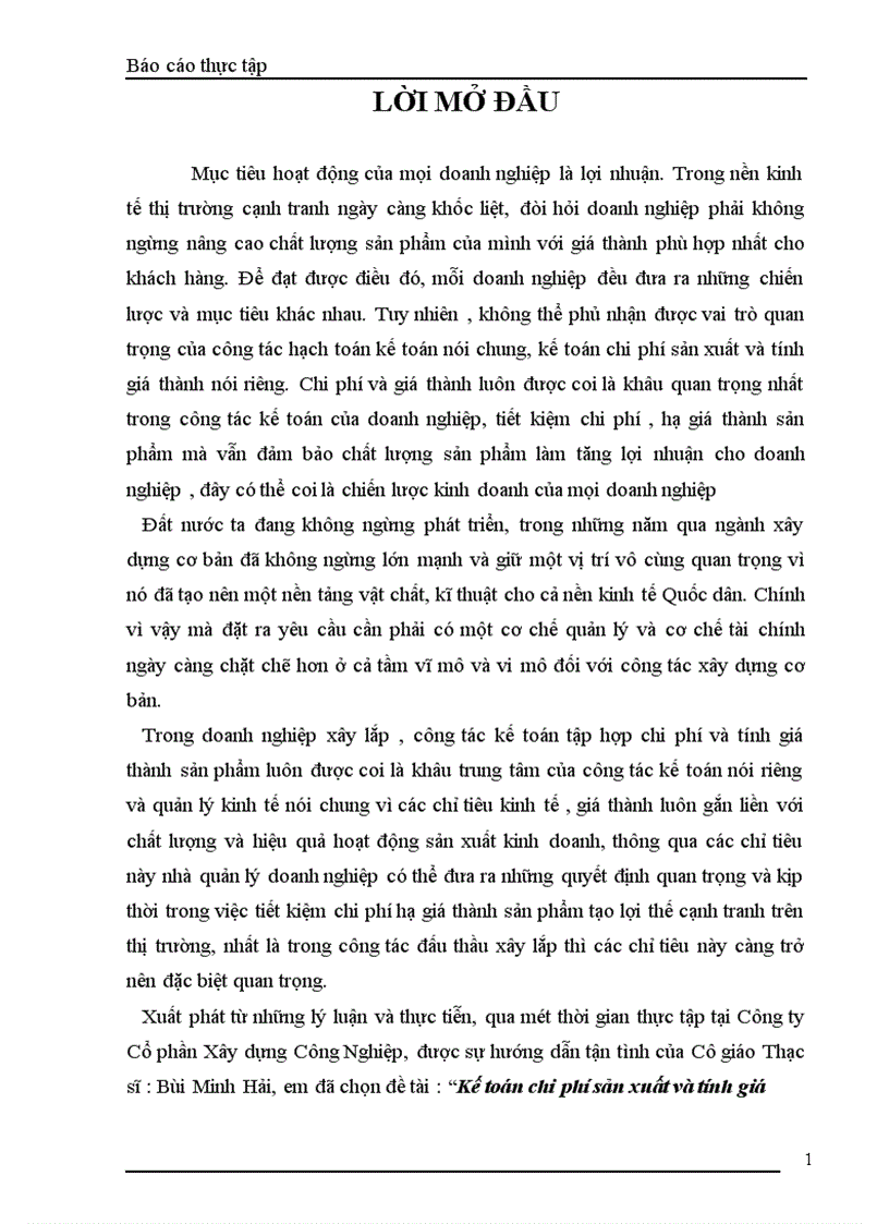 Kế toán chi phí sản xuất và tính giá thành sản phẩm tại Công ty Cổ phần Xây Dựng Công Nghiệp