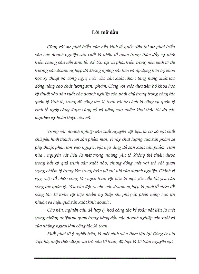 Hoàn thiện tổ chức công tác kế toán vật liệu tại Công ty Bia Việt Hà 1