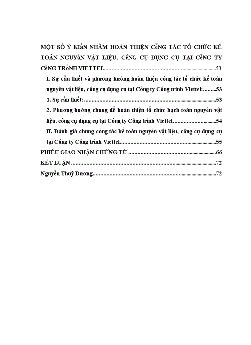 Hoàn thiện công tác tổ chức kế toán nguyên vật liệu, công cụ dụng cụ tại công ty công trình Viettel