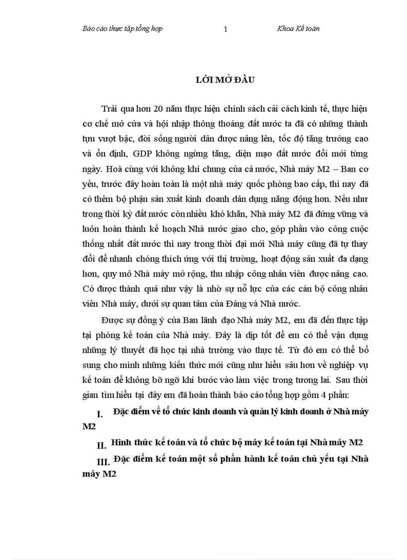 Đặc điểm kế toán một số phần hành kế toán chủ yếu tại Nhà máy M2