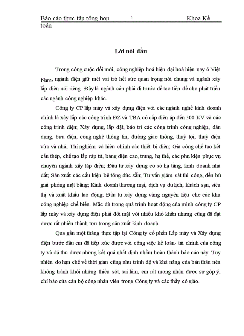 Báo cáo thực tập tổng hợp tại công ty CP lắp máy và xây dựng điện